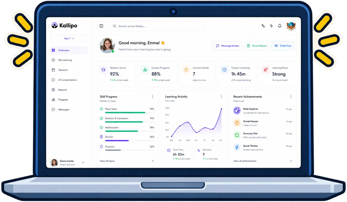 Illustrative Kallipo parent dashboard shown on a laptop.