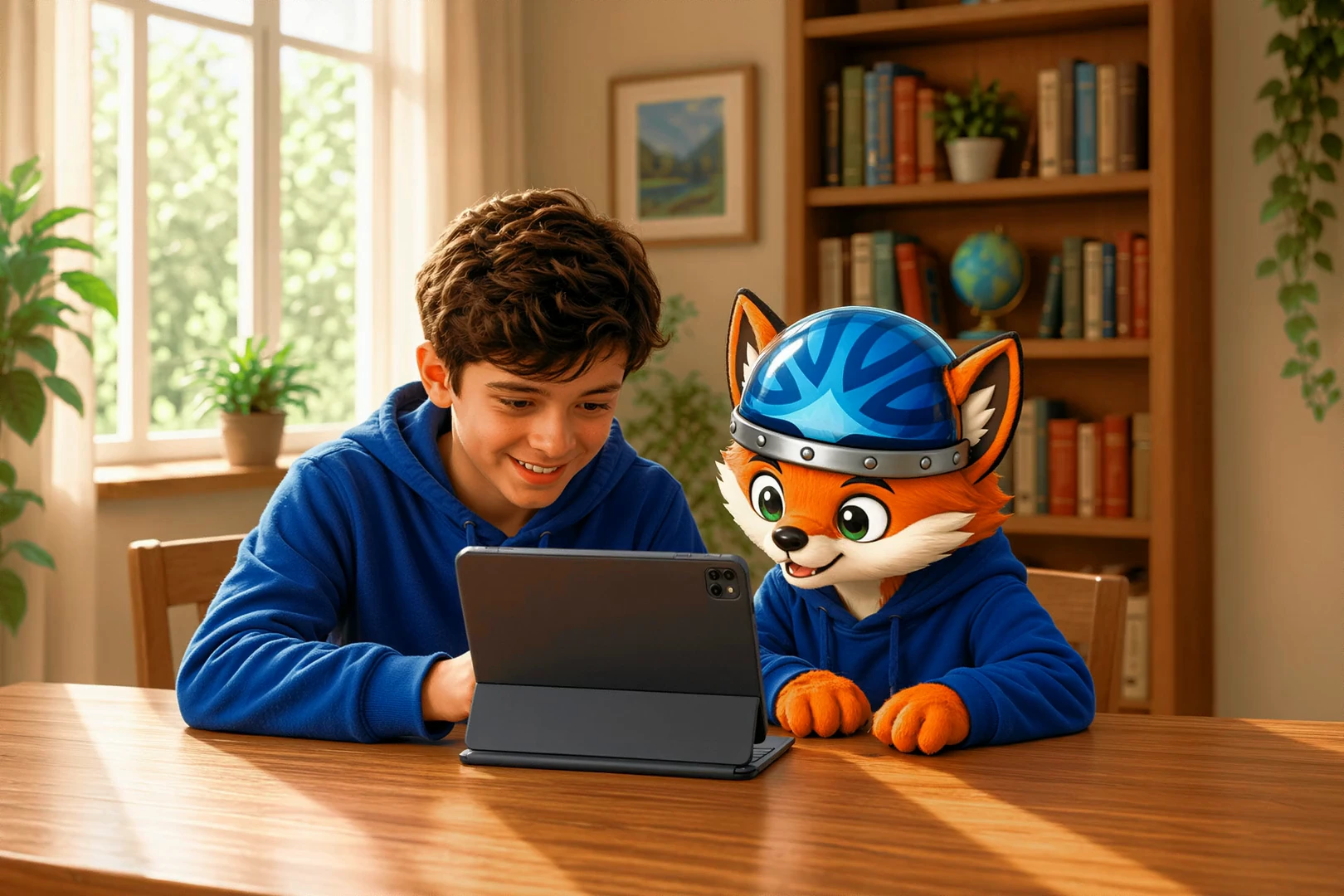 A boy studying at a desk beside the Kallipo fox with a tablet on the table